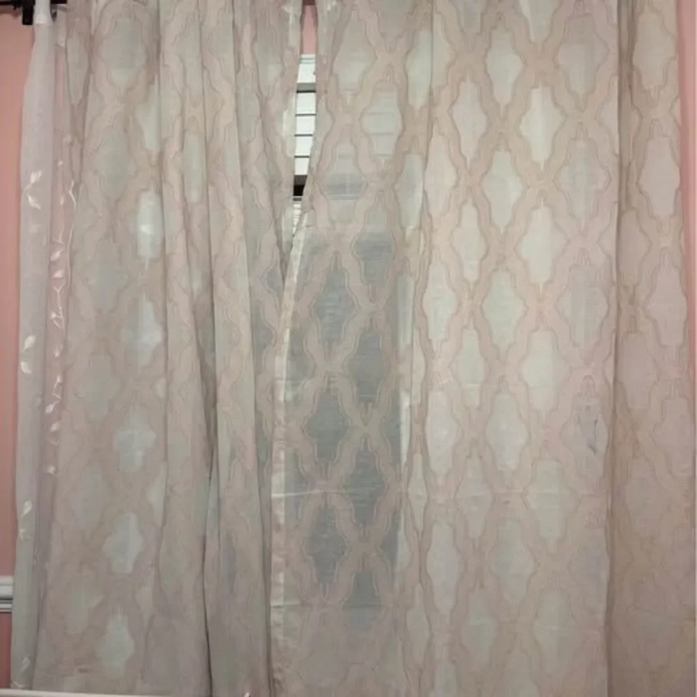 Two linen-blend blush pink embroidered curtain panels, 50x84, EUC
